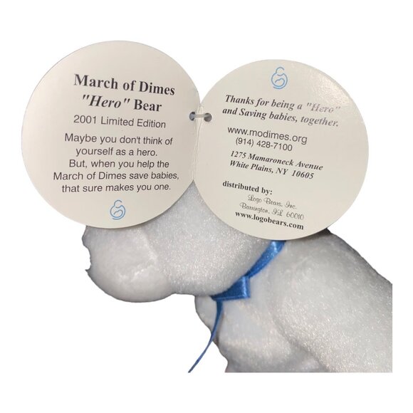 March Of Dimes "Hero" WalkAmerica 2001 Limited Edition White Plush Bear With Blu - Picture 6 of 9
